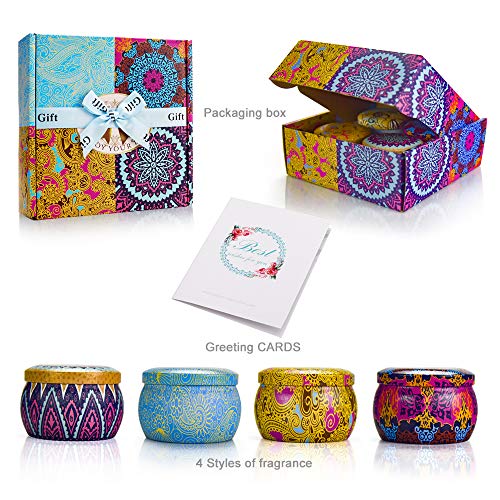 Yinuo Candle Bougies Parfumées Coffret Cadeau Bougie Aromatique, 4 Boîtes, 4.4OZ, 120 Heures Brûlantes, Cire de Soja Aromathérapie pour Soulager Le Stress, avec Carte de Voeux, Motif Classique
