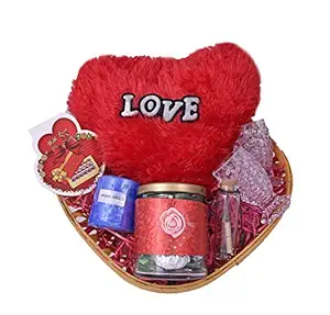 MANTOUSS Valentines Day Gift for Girlfriend/boy Friend/Valentines Day Gift Hamper-Decorated Basket+Jar of Chocolate+Fur Heart+2 Shot Glasses+Scented Candle+Valentines Day Card+Love Message Bottle