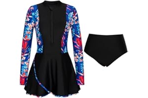 JASAMBAC 2-Piece Rash Guard Swimsuits for Women UPF 50+ Zipper Swim Dress with Swim Breif Modest Swimwear Ladies Swimming Costumes Bathing Suit Soft Surf Suit