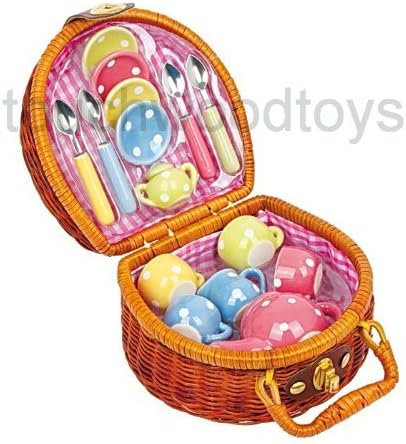 Toy tea set dolls & teddy bears polkadot porcelain tea set wicker basket by Small Foot Designs
