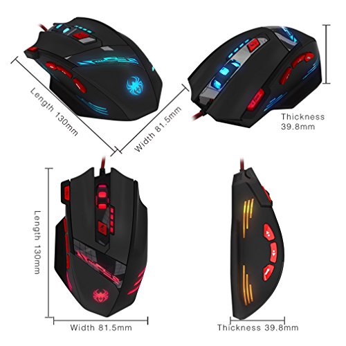 Zelotes T90 Rat  n Gaming 1000 a 9200 dpi  8 Botones y 6 dpi Ajustables  6 LED Colores Cambiantes  Ajuste de Peso para Windows Mac Macbook Linux - Negro