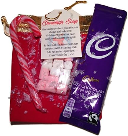 Snowman Soup. Secret Santa Christmas eve Stocking Filler Gift in a Crush Velvet Santa Sack Complete with Drinking Chocolate and Candy Cane.