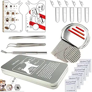 Cifotink Tick Removal Tool Flea Tick Remover Card Kit for Dog Cat and Humans,Include Stainless Steel Tick Tweezers,Tick Remover Identification Card and Lice Combs for Tick Lice Flea and Nits