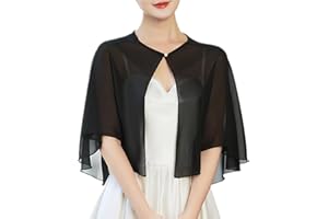 Hybursky Women Chiffon Cape Shawl, Elegant Pearl Buckle Capelet Open Front Shawl and Wrap for Evening Dress, Sheer Cardigans Wedding Bridal Shoulder Cover Up Sun Protection Poncho Short Coat