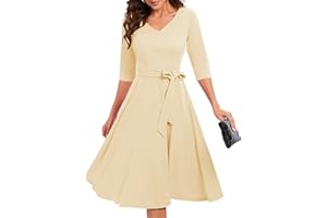 Bbonlinedress Robe Femme Mi Longue de Cocktail Soirée Bal Cérémonie Pin Up pour Fête Mariage Anniversaire avec Manches 3/4 Col V