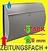 Produktbild Hochwertiger Qualitäts-Briefkasten mit ZEITUNGSFACH, flach, Zeitungsfach platzsparend elegant verdeckt, EDELSTAHL MIT ROSTSCHUTZ + silber silbern hellgrau grau silber Metall Edelstahl edelstahlfarben