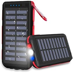Batterie Externe Chargeur Solaire 25000mAh Portable Power Bank, Imperméable,avec 3 Ports de Sortie Lampe de Poche LED et Lampe D'avertissement SOS pour Les Activités de Plein Air.