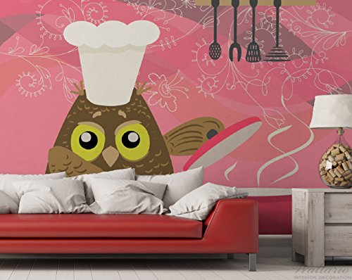 Premium XXL Vliestapete Lustige Eule beim Kochen mit Kochmütze – Größe: 400 x 267 cm - 3