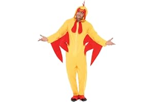 Smiffys Chicken Costume, Bright Yellow Hooded All-in-One Jumpsuit with Attached Beak and Comb, Party Animals Fancy Dress Outfit, Fun Adult Animal Dress Up Costumes for Parties and Events
