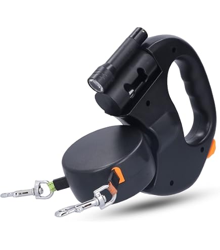 Laisse Rétractable Pour Chien 5m Double Rotative - Avec Torche Et Bande Réfléchissante, Poignée Antidérapante