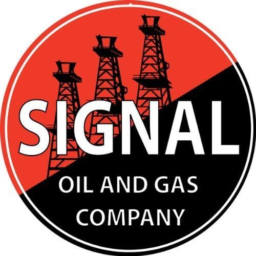 Round Signal Gas Motor Oil And Gasoline Sign With Oil Field Garage Art by Victory Vintage Signs
