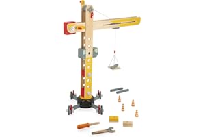 ‎JANOD Janod - Großer Holzkran 74 cm - Rollenspielzeug - Konstruktionsspiel - 360° Drehbar und Mobil - 12 Zubehörteile inklusive - FSC-zertifiziert - Ab 3 Jahre, J06468, Gelb