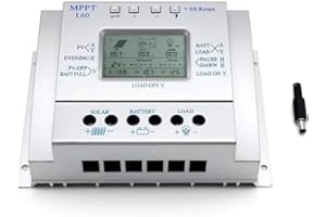 OOYCYOO 60A Régulateur de Charge Solaire, 12V/24V Batterie Détection Automatique,avec contrôle de minuterie de charge double pour système de réverbère,Avec écran LCD USB
