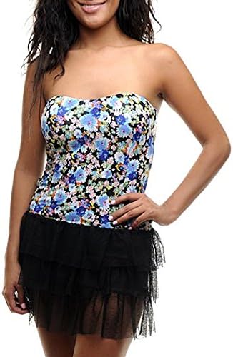FLORAL PRINT STRAPLESS DRESS WITH BLACK RUFFLED BOTTOM - Medium