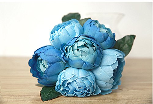 Hunpta 1 Blumenstrauß 6 Köpfe künstliche Pfingstrose Seide Blume Blatt Home Hochzeit Party Dekoration (Blau) - 2