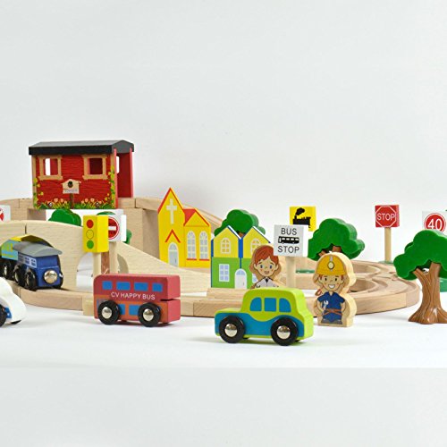 Wooden Railway Train Set - 80 Pieces with Play Accessories