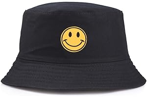 QIANWEIXI Fishing Hat Yellow Smiley Bucket Hat Happy Face Flat Caps Sun Embroidery Visor Fishing Bucket Hat Casual Hats Color:3, Colour: 3
