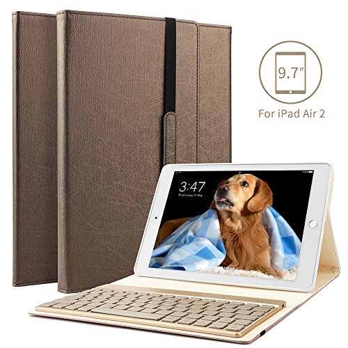 boriyuan Apple Ipad Air 2 Ultra Slim Alu Bluetooth Tastatur mit Ipad Air 2 2014 Case Schutzhülle Schale, unterstütztung 7 farbige Hintergrundbeleuchtung (Leder Case mit Alu Deutsch Tastatur Braun)