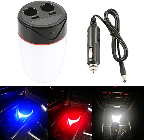 KuanGuang Car Cup Charger 12V/24V Multi Function Car Power Adapter with Led Lamp of 6 Lighting Modes &amp; 2 USB Ports &amp; 2 Cigarette Lighter Charging Sockets for iPhone iPad, Samsung, GPS, Dashcam, etc