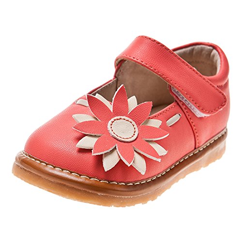 Little Blue Lamb - Girls Toddler Leather Squeaky Shoes - Watermelon Red Mary Janes with Flower, Insole Length: 152mm; US/EUR: 7/24