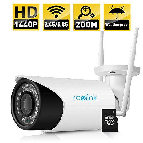 Reolink RLC-411WS-LB Wireless IP Camera, 4-Megapixel 1440P Wireless Security 2.4G/5.8G Dual Mode Wifi Outdoor Bullet, 4X Optical Zoom, Built-in 16GB Micro SD Card,2560x1440, Night Vision 80-110ft