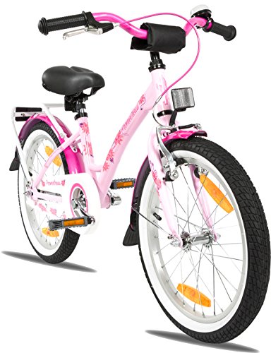 PROMETHEUS Kinderfahrrad 18 Zoll Mädchen in Rosa Lila & Weiß mit Gepäckträger, Aluminium Seitenständer | V-Brake und Rücktrittbremse | ab 6 Jahren | 18" Classic Edition 2017
