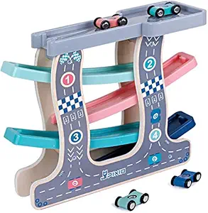 Toyshine Wooden Racer Ramp Toy with 4 Car Ramps, 1 Parking Garage & 4 Mini Cars ? Wood Race Track for 1, 2, 3 Toddlers, Boys & Girls ?Educational Vehicle Toys- Multi Color