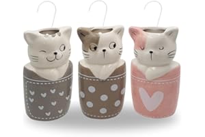 Paluplus Set 3 Evaporatori d'acqua per termosifoni in Ceramica, misura 8,5x4,5x17 cm, Umidificatore e gancio a S, Colore Rosa, Grigio e Beige -6379 (Gattini)