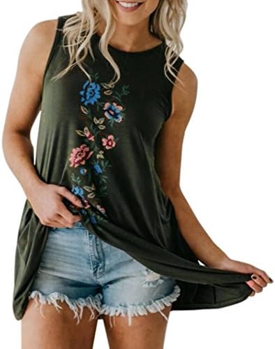 Hmeng Womens Tank Tops Fashion Ladies Casual Loose Floral Vest O-Neck Sleeveless Long Tunic Tops/Mini Dress (L, Army Green)