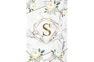 S: Lovely Monogram Letter S Initial College Ruled Notebook for Women and Girls - Girly White Floral Personalized Medium Lined Journal and Diary - Pretty Pink, Gold & Grey Marble Diamond Print