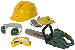 Klein Theo 8525 Bosch Chain Saw I With battery-powered sawing noises and flashing light I Protective equipment included I Toy for children aged 3 years and up