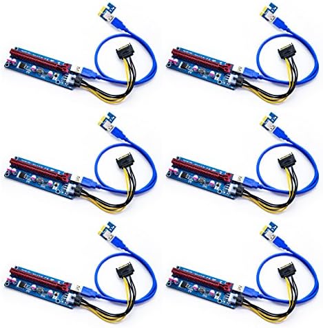 6-Pack PCIe VER 006C 16x to 1x Powered Riser Adapter Card with 60cm USB 3.0 Extension Cable &amp; 6-Pin PCI-E to SATA Power Cable - GPU Riser Adapter - Ethereum Mining ETH - red