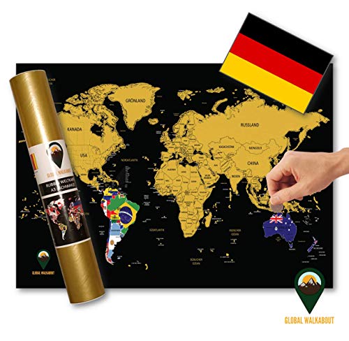 Global Walkabout Deutsch - Kratzerkarte mit Flaggenhintergrund - Deluxe Reisegröße Weltkarte Poster Länder und Fakten - Reisegeschenk - (Schwarz)