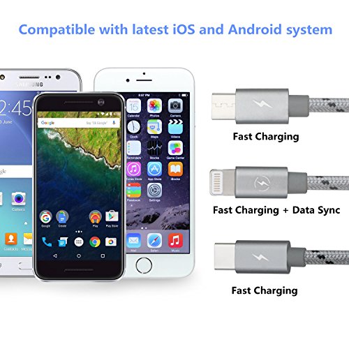 EliteSoft Nylon Ladekabel Micro-USB Lightning Kabel High Speed 4.9ft 3 in 1. Apple iPhone7, 6, 5 ,4 und Android Smartphones, Samsung, HTC, Sony, Nexus und mehr ertragung Aluminium 2 Kabel - 5