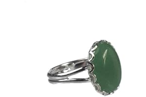 Rubaa Jewellery 14x10mm Oval Genuine Green Aventurine Cabochon Silver Plated Adjustable/Expandable Ring