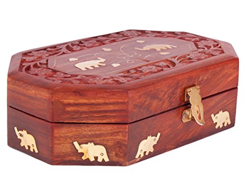 Store Indya, Konigliche handgeschnitzte Holz Schmuckschatulle mit dekorativen Mughal Inspired Elephant & Blatt Messingeinlage