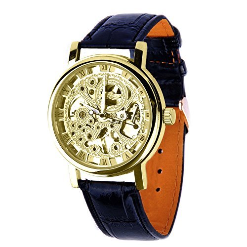 ShoppeWatch Herrenuhr Skelett mechanischer Handaufzug Ziffernblatt Gold Lederband schwarz MW-06 ShoppeWatch Herrenuhr Skelett mechanischer Handaufzug Ziffernblatt Gold Lederband schwarz MW-06