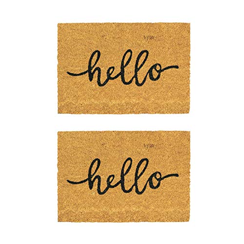 Nicola Spring Coir Door Mats - 60 x 40cm - Hello - Pack of 2 - Decorative Indoor Front Door Floor Mat Entry Dirt Trapper Rug Outdoor Boot Scraper Non Slip Backing Doormat
