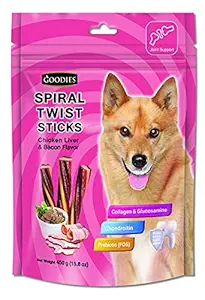 Goodies Dog Energy Treats Spiral Twist Stick Chicken Liver & Bacon Flavor 98% Healthy Snack & Training Treat, Best for Dog (1 x 450g) with Free Jerhigh Milky Stick 20g (Newly Launched )