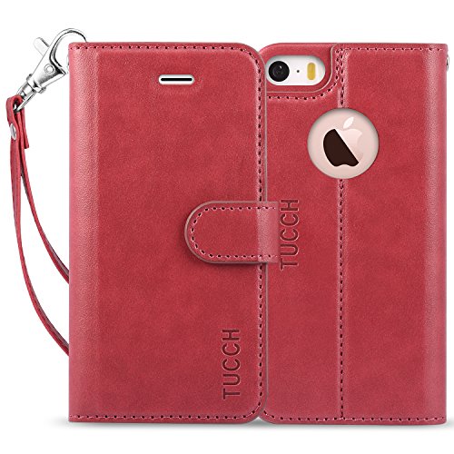 iPhone SE Case, iPhone 5s Leather Case, TUCCH [Lifetime Warranty] [FREE Tempered Glass Protector] Retro Leather Wallet Case with Detachable Hand Strap, Built-in Hidden Pocket Card Slots Magnetic Closure Flip Case for iPhone SE/5S/5 -Wine