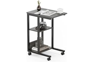 Farini Beistelltisch Sofatisch Couchtisch Nachttisch mit 3 Ablagefächern, C-Form, Metallgestell, Tischpltte aus Holz, feststellbarer Rollen Grau