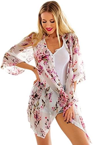 Women's Kimono Cardigan,Kingwo Ladies Feitong Women Boho Chiffon Floral Print Loose Shawl Cardigans Tops Cover up Blouse (M, White)