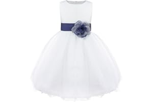 TiaoBug Robe Princesse Enfant Fille Organza Blanche Robe Soirée Demoiselle d'honneur Mariage Cérémonie Tutu Robe sans Manche avec Satin Ceinture 2-14 Ans