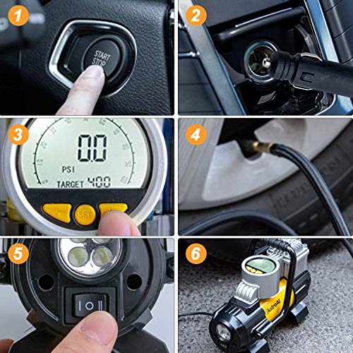 AstroAI Compresseur Voiture 12V d'Air Portable, Gonfleur Pneus Voiture Électrique 10 Bar avec Adapteur de Buse, Fusible Supplémentaire, LED Lampe, Digital LCD Écran des Pneus de Vélo Cylindre Métal