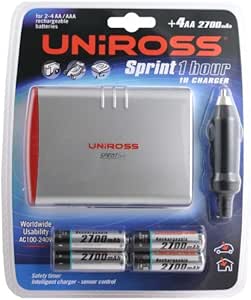Uniross Sprint 1 Hour Battery Charger inc 4 x AA 2700 mAh Rechargeable Batteries - batteries upgraded from 2500 mAh