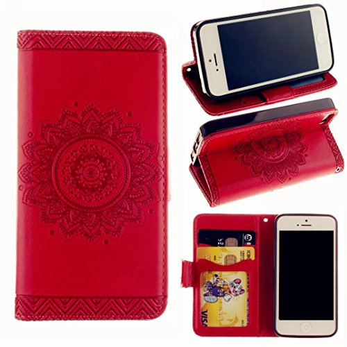 MUTOUREN für iPhone SE 5 5S Hülle Schutzhülle PU Leder Bookstyle Handyhülle Brieftasche Wallet Schale Portemonnaie Klapphülle mit Standfunktion Taschen kratzfeste Stoßfest Magnetic Snap Bumper Schale – Geprägte Muster indische Mandala Rot + Stylus Touch Pen - 2