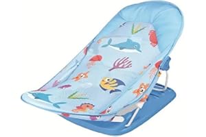 LEOM Baby Bath Chair Seat with Soft Cushion, Baby Bather, Newborn Bath Support Recline 3 Postion Easy Bath Cradle Portable, Light Foldable Travel Bath Chair, Sealife Dolphin Print (Blue)