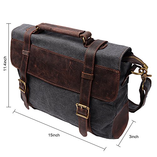 S-ZONE 14 Inch Vintage Aktentasche Arbeittasche Messenger Bag Umh  ngetasche Schultertasche Laptoptasche aus Canvas Leder  Dunkel Grau 