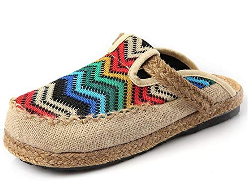 Women Lady Linen Canvas Casual Embroidered Mule Shoes