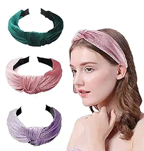 3 Pack Velvet Wide Head bands Knot Turban Headband Vintage Hairband Elastic Hair Hoops Fashion Hair Accessories for Women and Girls (Pink + purple + green)